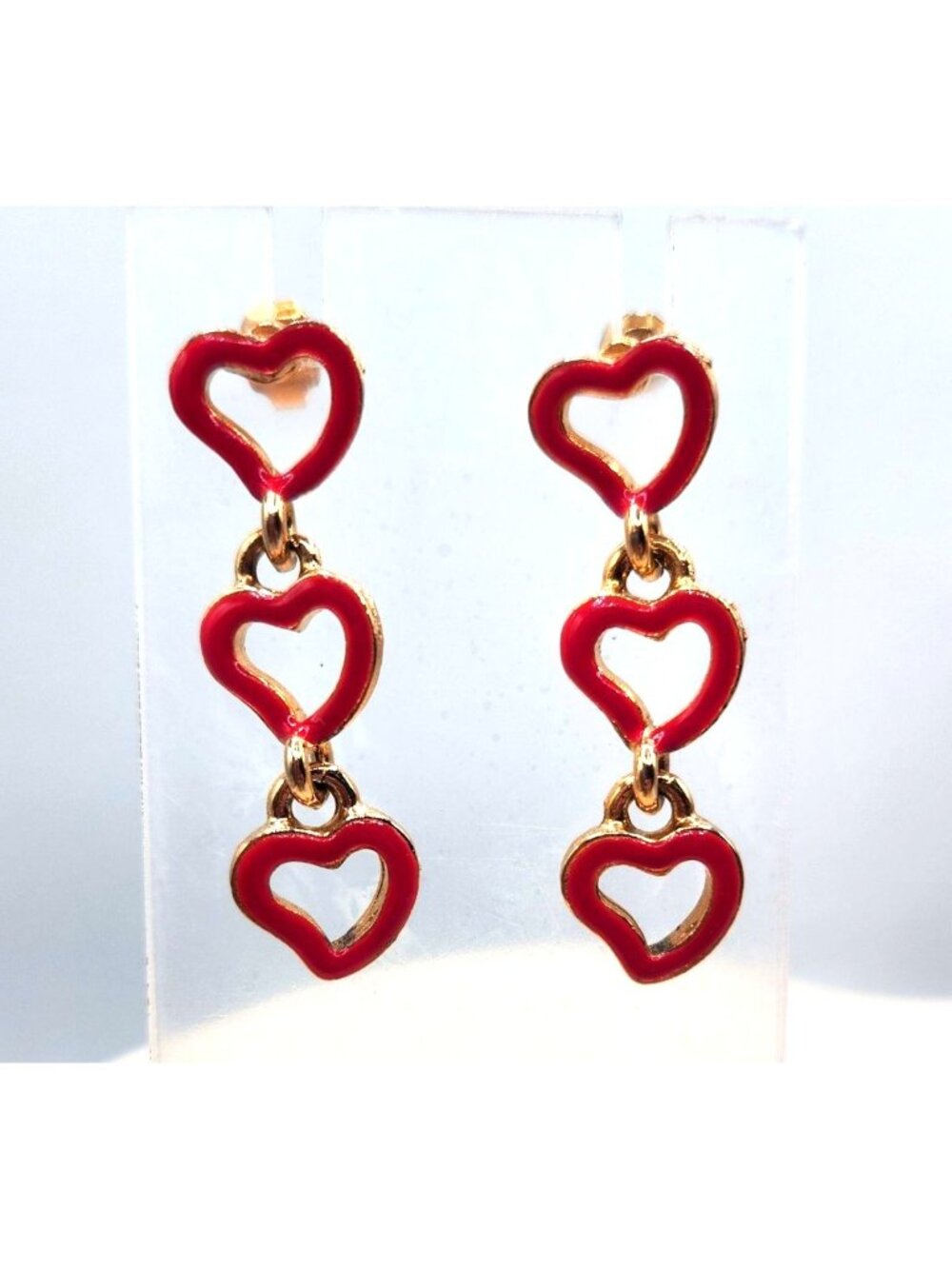 Red Enamel Triple Heart Dangle Earrings With Gold Tone Accent
